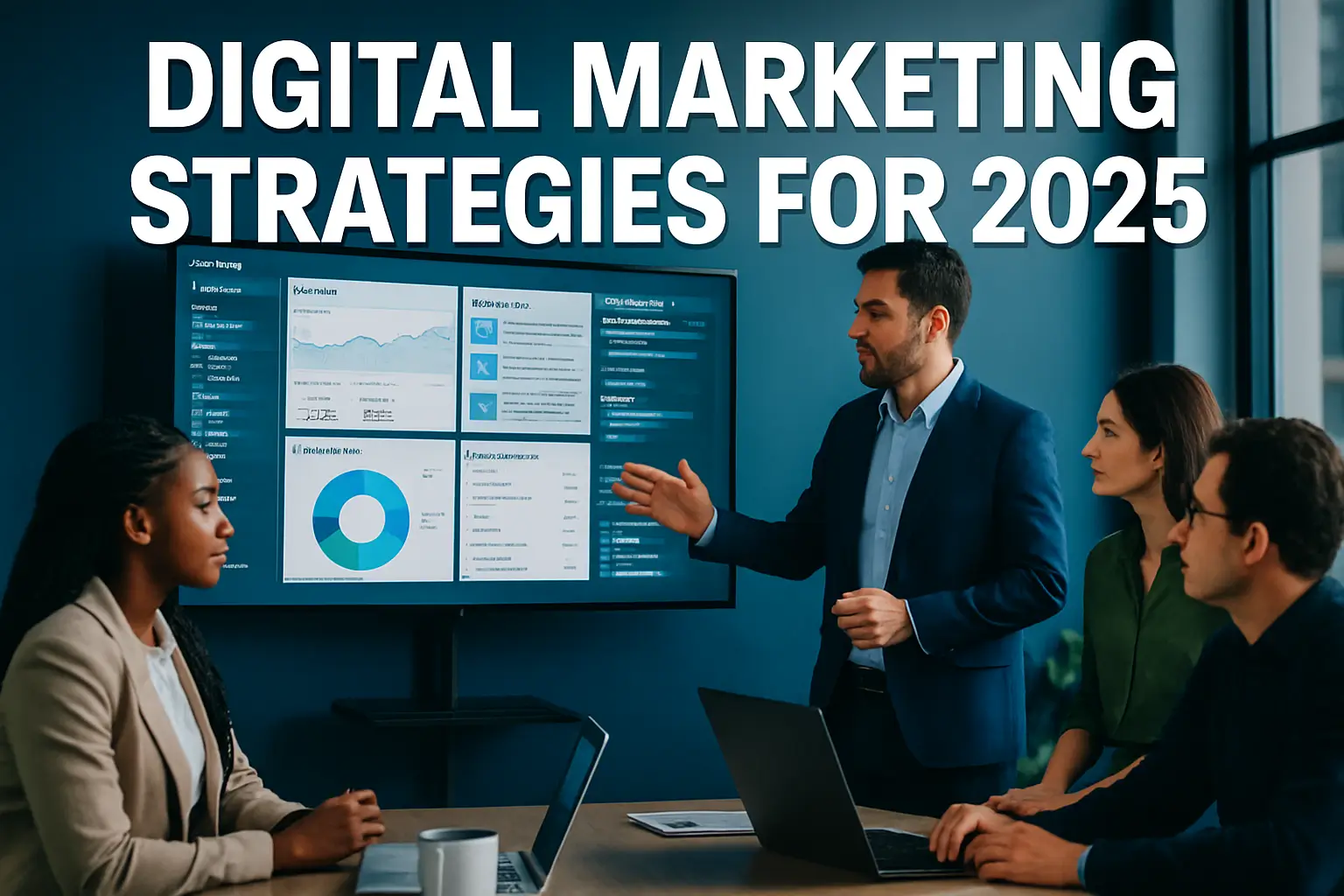 Professional landscape hero image (1536x1024) featuring bold text overlay 'Digital Marketing Strategies' in extra large 72pt white 