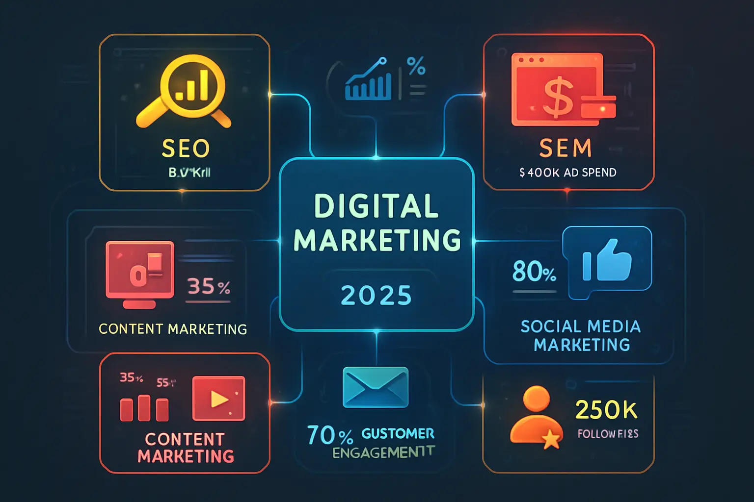 A detailed, intricate infographic illustrating the core components of Digital Marketing, including SEO, SEM, social media marketing,